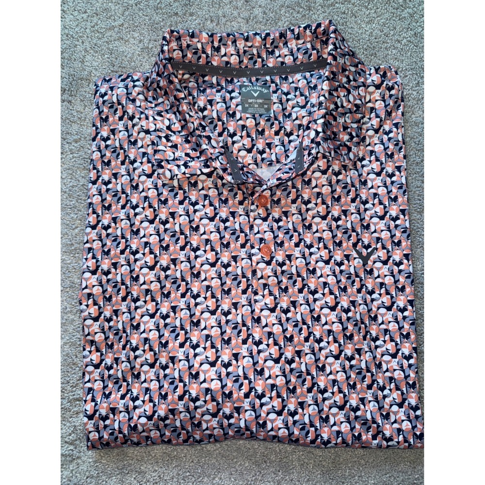 Callaway Mens Opti-Dri Golf Polo Shirt 3XL Orange Navy Geometric Print